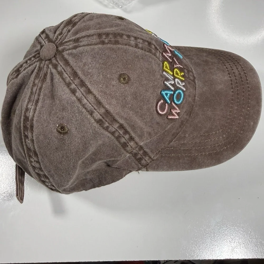 Time and Tru Brown Washed Cotton Camp More Worry Less Baseball Hat Adjustable